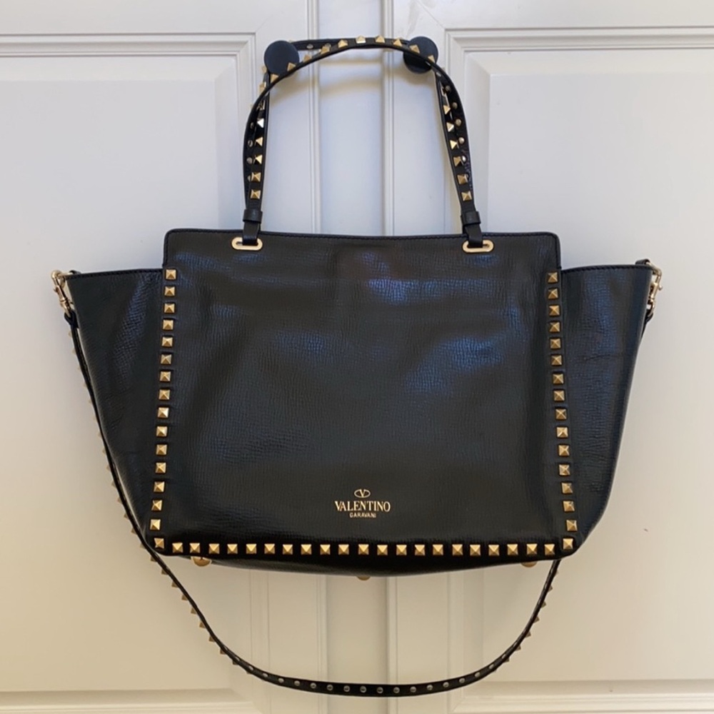 Valentino Medium Black Tote with Gold Rockstud Crossbody